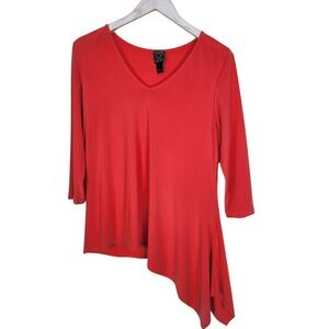 CLARA SUN WOO Shirt Womens Small Coral‎ Asymmetrical Hem 3/4 Sleeve Stretch Top